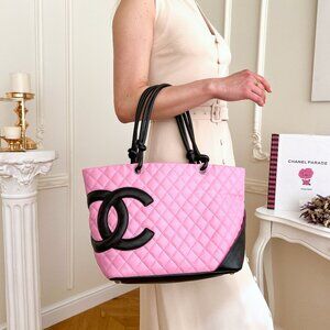 Authentic Chanel Cambon Rosa Tote GM Large shopping pink leather Handbag B0969